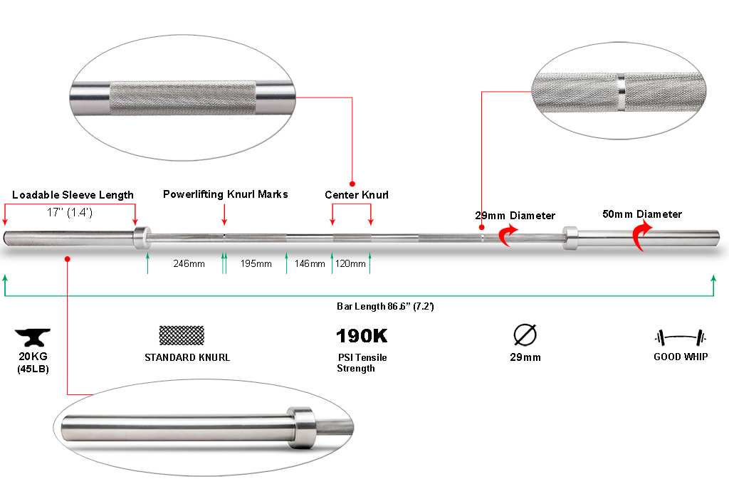 20KG Stainless Steel Powerlifting Barbell (29mm) Barra de elevación de potencia de acero inoxidable de 20 kg (29 mm)