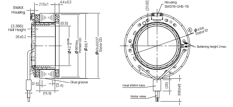Disegno motore senza telaio 70ZWC25X-1 da 70 mm