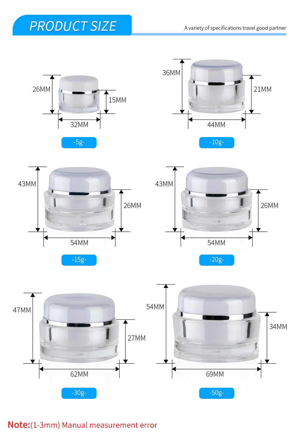 Round Double Wall Plastic Eye Face Cream Jar size حجم جرة كريم الوجه البلاستيكية ذات الجدار المزدوج الدائرية