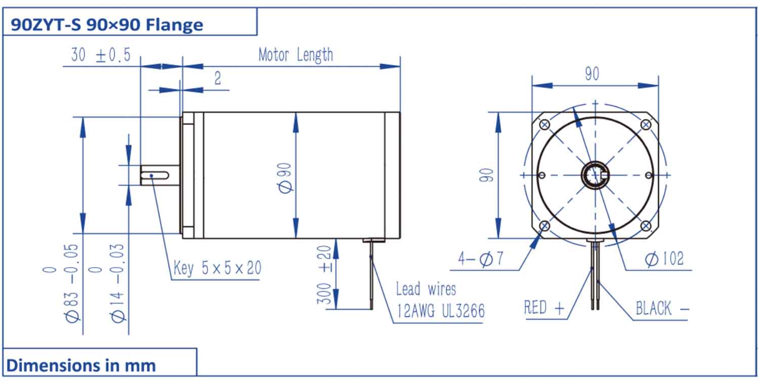 90ZYT Series Brushed Dc Motor Dimension Rozmer brúseného jednosmerného motora série 90ZYT