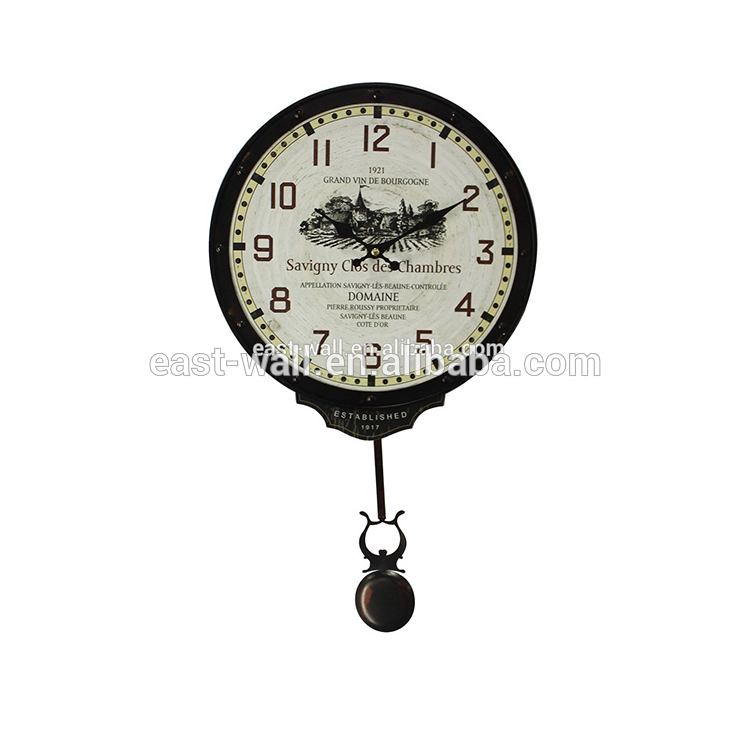 Customized Pattern Style Rotating Beautiful Iron Wall Clock with Pendulum