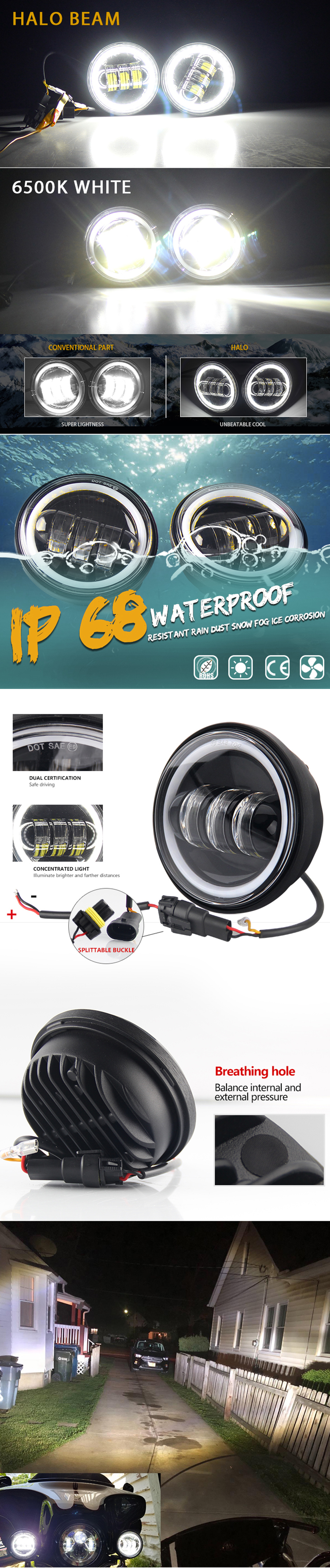 4.5 Inch LED Fog Lights with Angel Eyes for Harley Motorcycle JG-W002B advantages