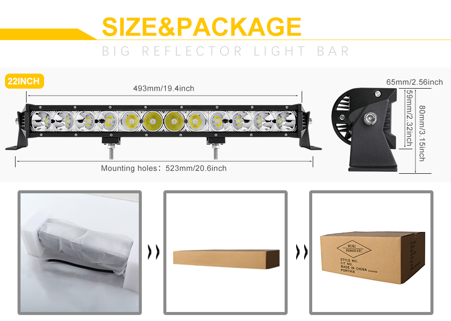 Big Light Cup Singel Row Led Light Bar (Both Bottom and Side Brackets Can be Used) JG-912Z SIZE