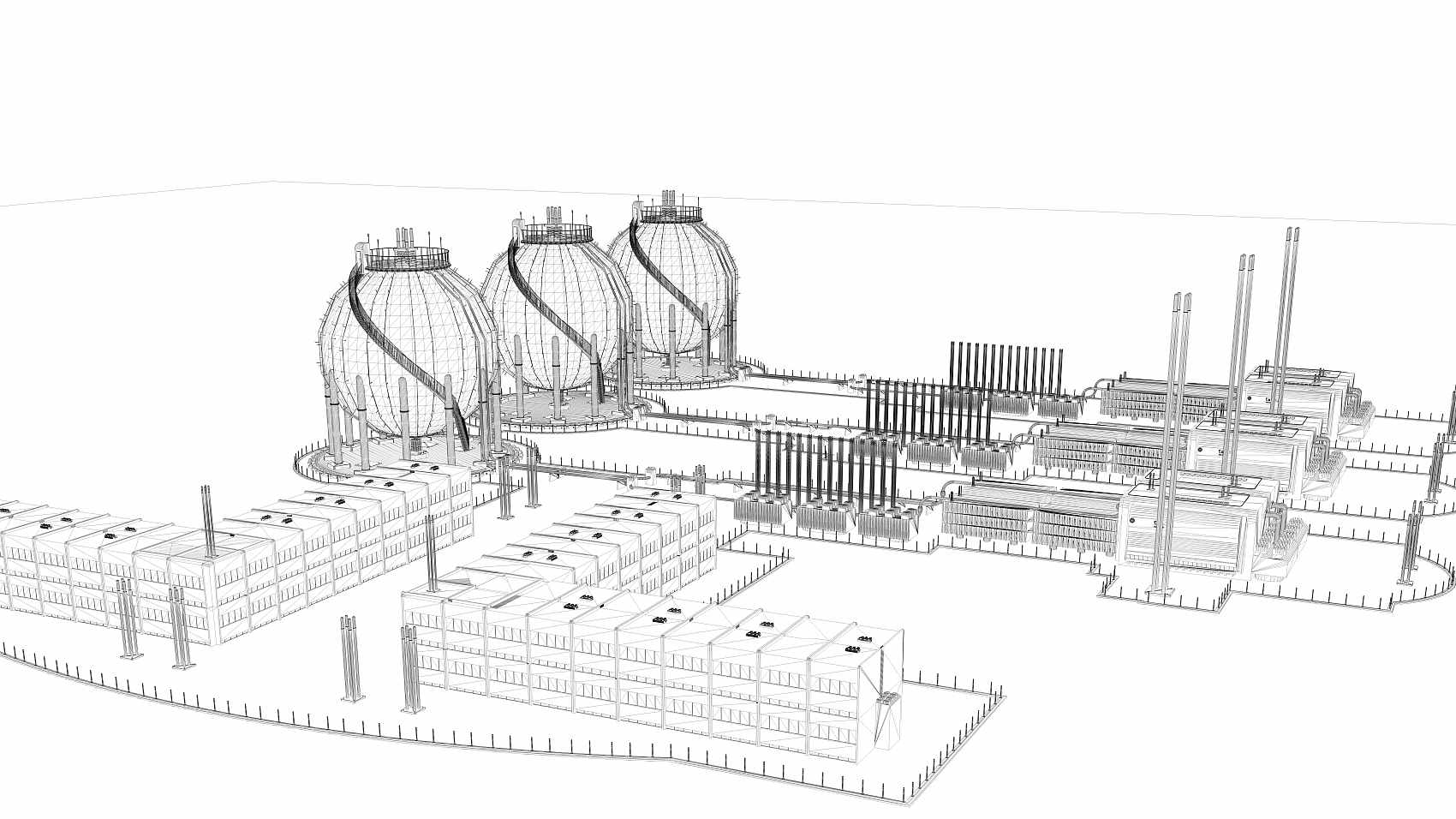 3D vykreslování modrotiskového průmyslového města s detailními objekty