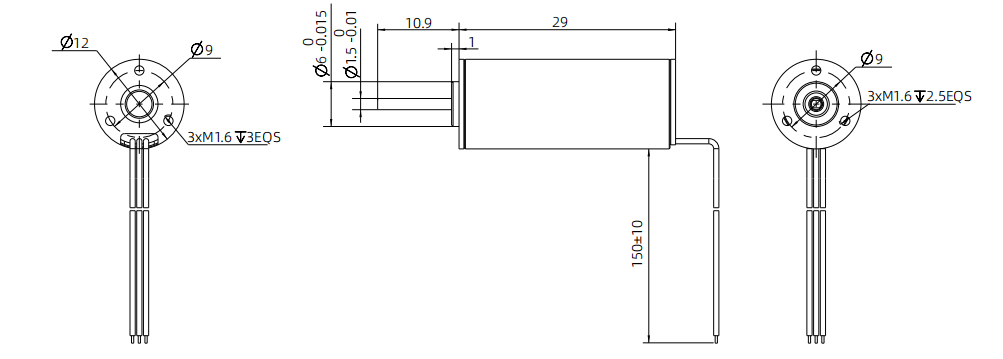 Zeichnung eines schlitzlosen b&uuml;rstenlosen 12-mm-Gleichstrommotors