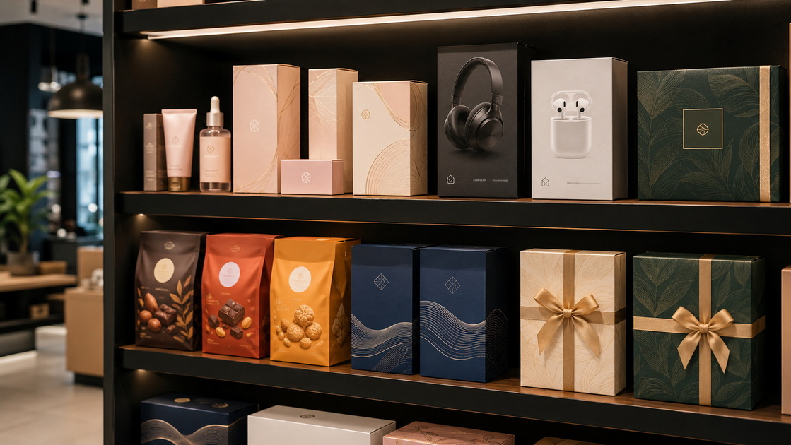 Digitally Printed Package Boxes On Retail Shelf Kotak Pakej Dicetak Secara Digital Di Rak Runcit