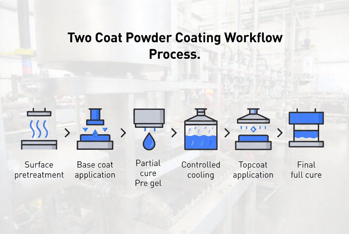 Two Coat Powder Coating Workflow سير عمل مسحوق الطلاء ذو طبقتين