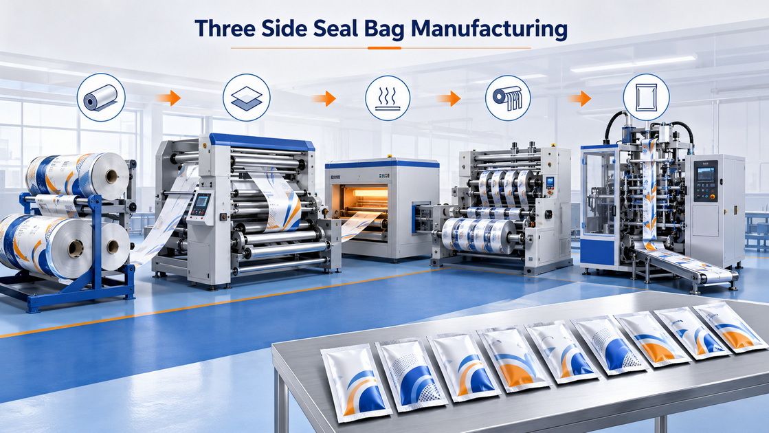 Three Side Seal Bag Manufacturing Process Proceso de fabricación de bolsas con sello de tres lados