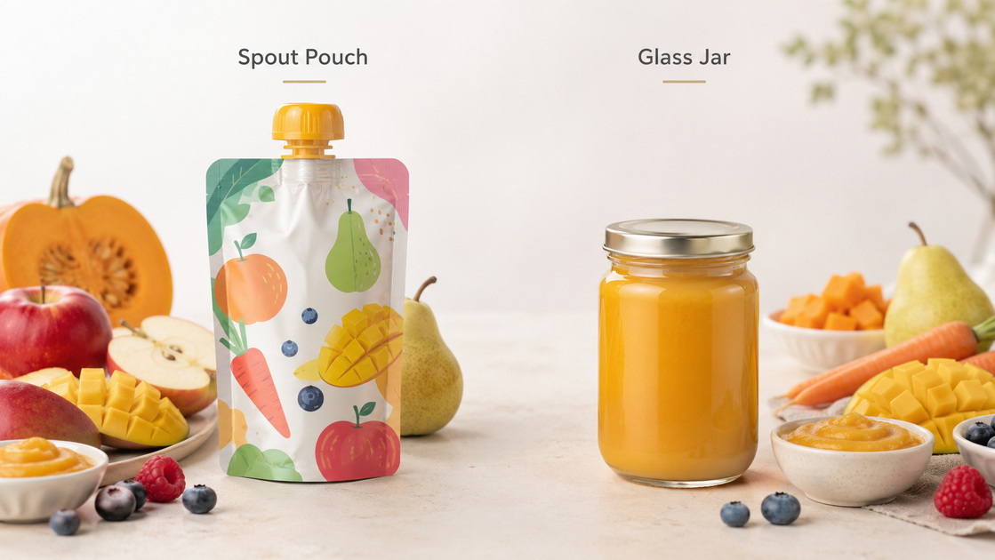 Baby Food Spout Pouch Vs Glass Jar Bolsa con boquilla para comida para bebés versus frasco de vidrio