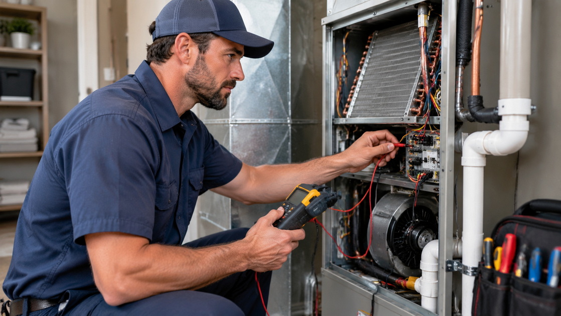 2HVAC Technician Diagnosing a Cooling System 2HVAC 技術者による冷却システムの診断