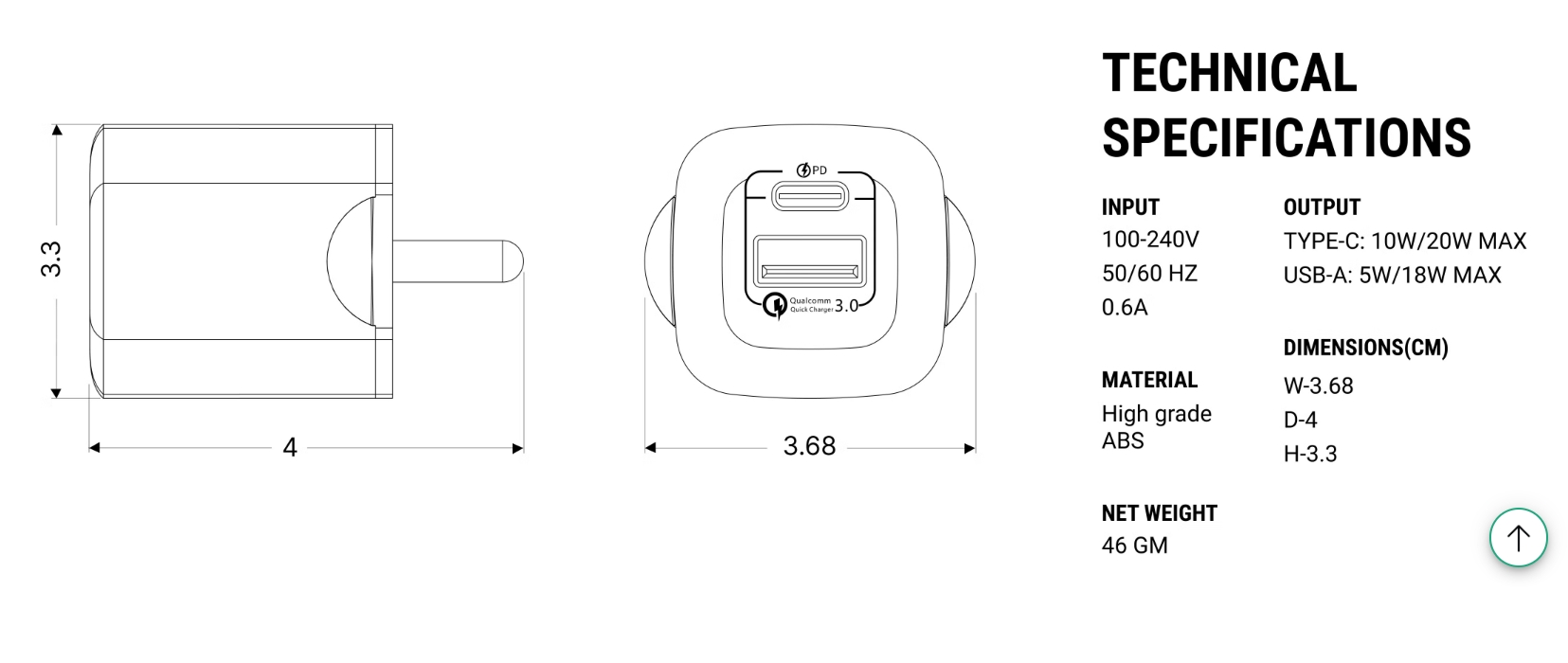 Scheda tecnica del prodotto del caricabatterie da 20 W