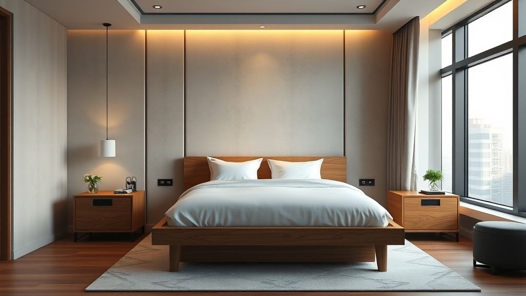 chambre d'h&ocirc;tel de luxe avec cadre de lit en bois sur mesure
