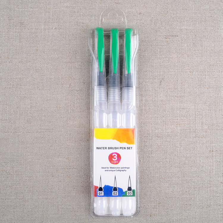 Long Barrel Water Brush Pens Set of 3 Assorted Round Tips 
