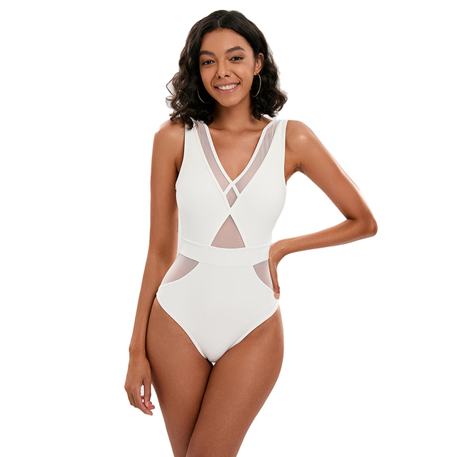 V Neckline Swimsuit cum Mesh