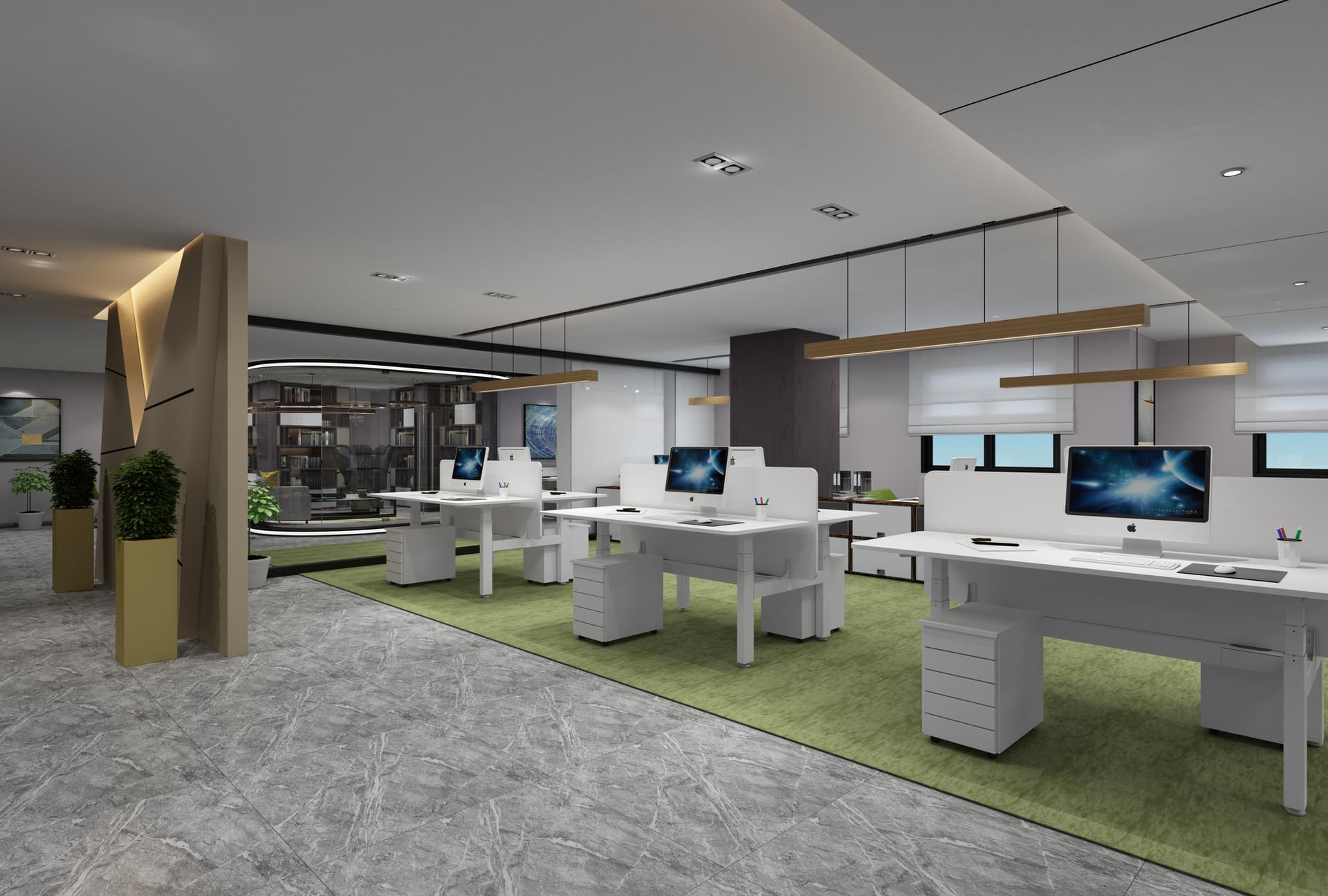 Oficina moderna de planta abierta con escritorios para trabajar de pie y sentado para una postura ergon&oacute;mica y un dise&ntilde;o de espacio de trabajo saludable