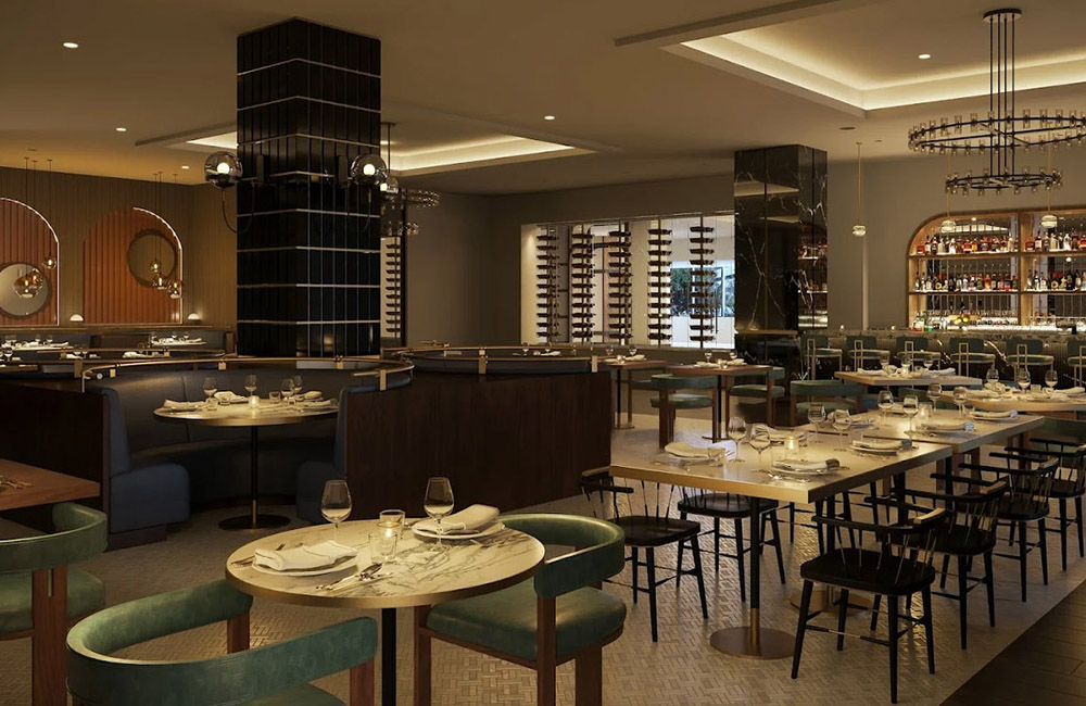 L'area ristorante dell'hotel InterContinental, l'ambiente elegante della sala da pranzo di un hotel Intercontinental, caratterizzata da un'illuminazione sofisticata, lussuosi posti a sedere e un bar ben fornito