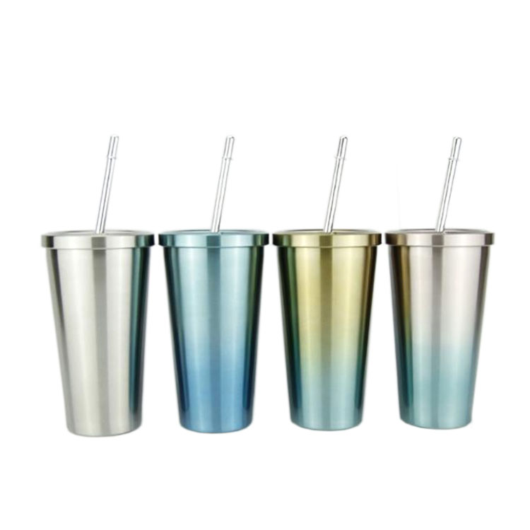 Hot Sale Gradient Color Stainless Steel Straw Mug Vacuum Coffee Cup