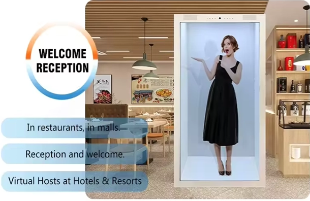 موظف استقبال افتراضي يعمل بالذكاء الاصطناعي يعتمد على شاشة LCD شفافة