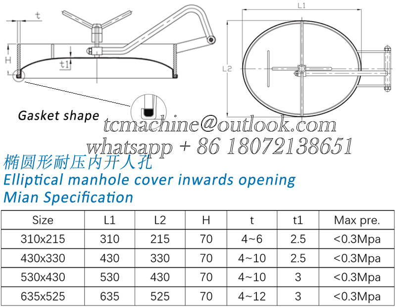 Oval Manhole Cover Elliptical Manway Inwards Opening for Pressure Vessels
