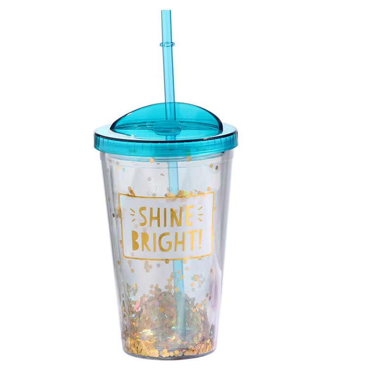 450ml Promotional Transparent Sequined Plastic Coffee Cup with Lid And Straw