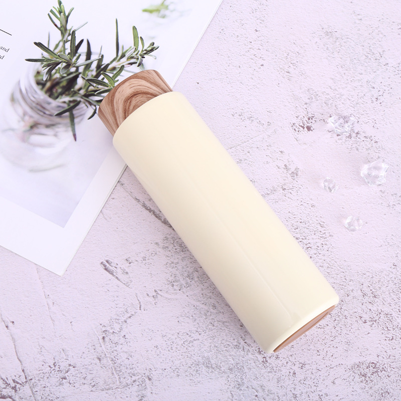 400ml Simple Design Stainless Steel straight Tumbler printed Water Bottle with Wooden Grain Lid