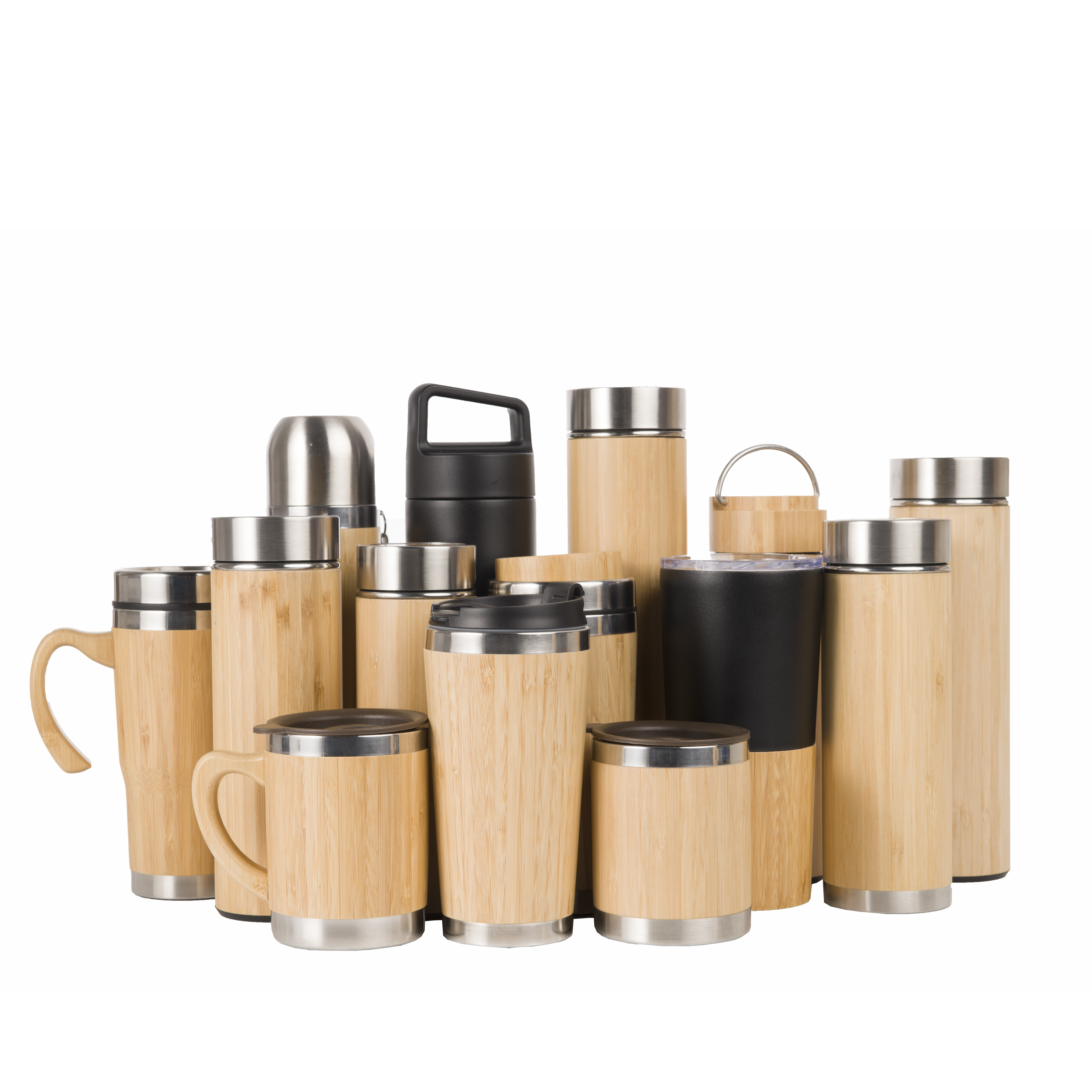 Custom Print Double Wall Insulated Bamboo Water Bottles & Bamboo Coffee Tumbler Travel Mug with Lid