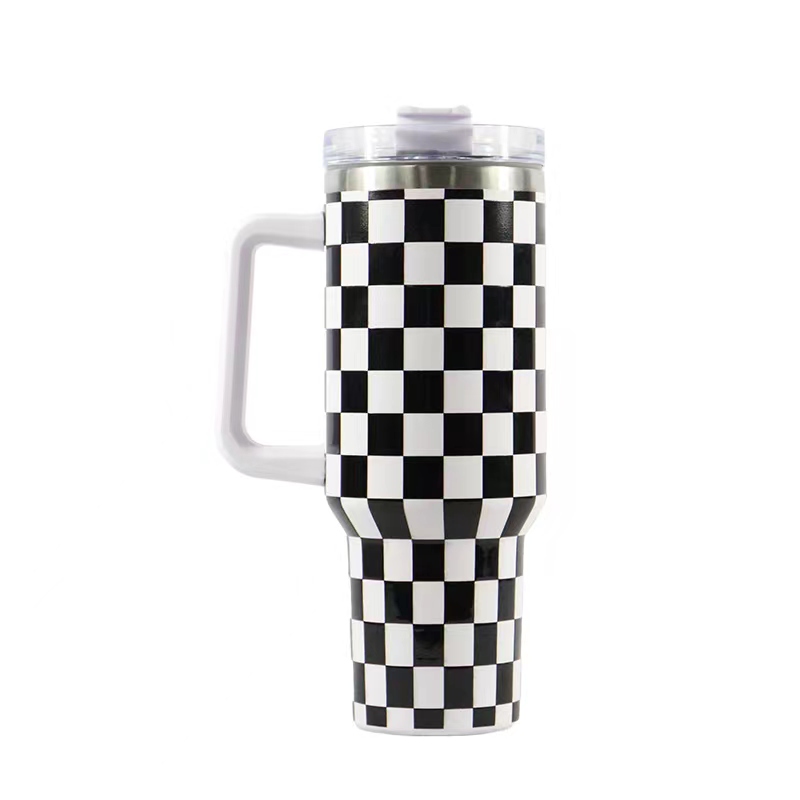 Custom LOGO Pattern Checkerboard 5D Design Stainless Steel Double Wall Vacuum 40oz Tumbler with Handle