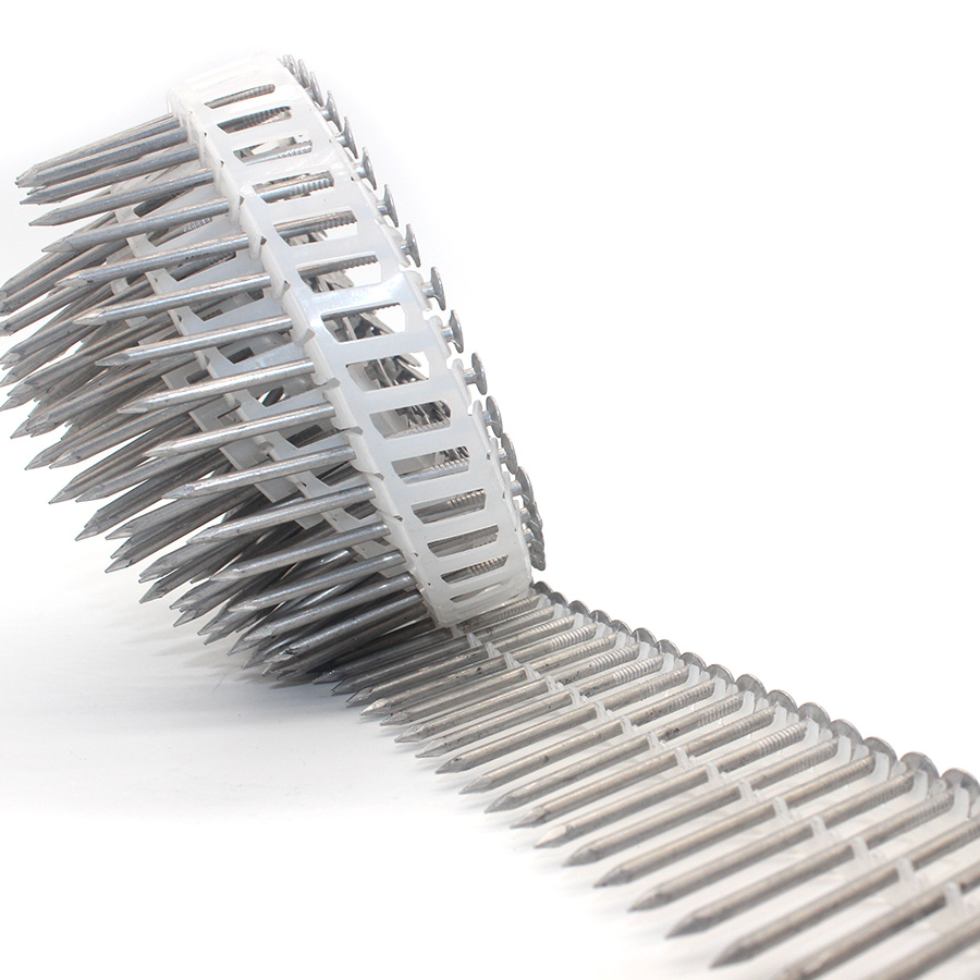 15-градусныя алюмініевыя пластыкавыя цвікі з гладкім хваставікам 2,4x50 мм буйным планам