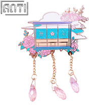Custom Beautiful Cherry Blossom Court Lapel Pin Japanese Anime Pink Crystal Pendant Blue Glitter Hard Enamel Badge For Gift