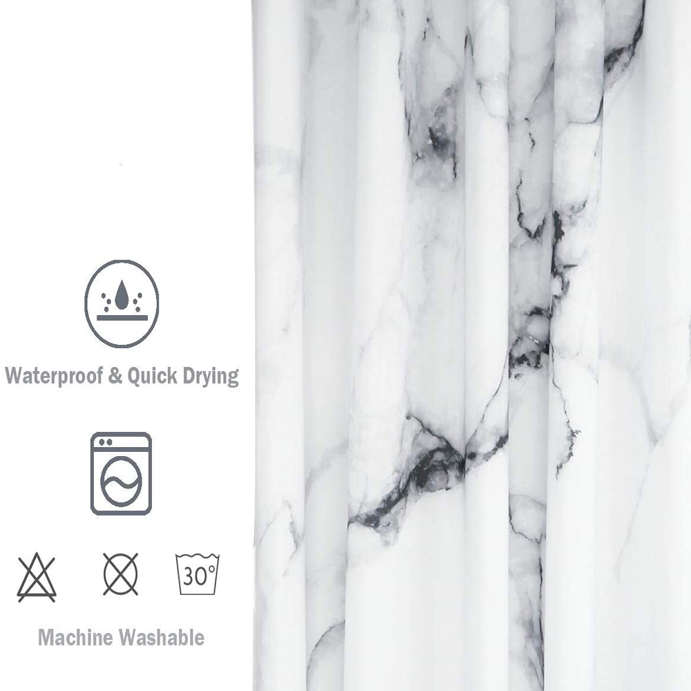 Natural Marble Printed Shower Curtain Machine Washable White and Gray Bath Curtain