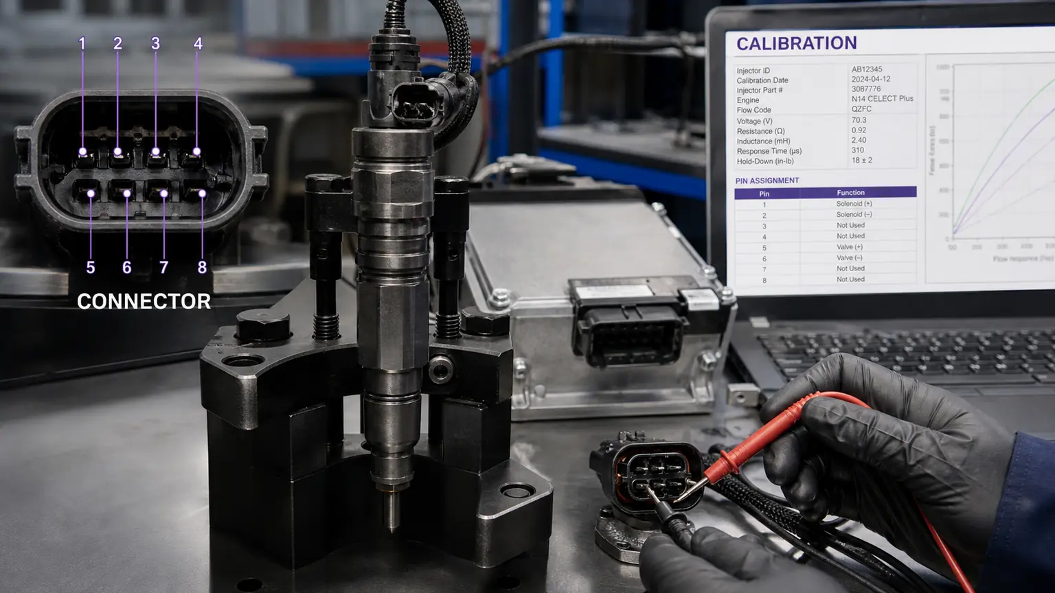 Fichier d'&eacute;talonnage de l'injecteur diesel, broche du connecteur, r&eacute;sistance et inspection de l'interface d'installation