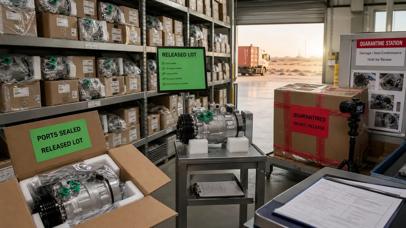 UAE kompressorlager med f&ouml;rseglade portar, skyddad f&ouml;rpackning, godk&auml;nd parti och karant&auml;nstation
