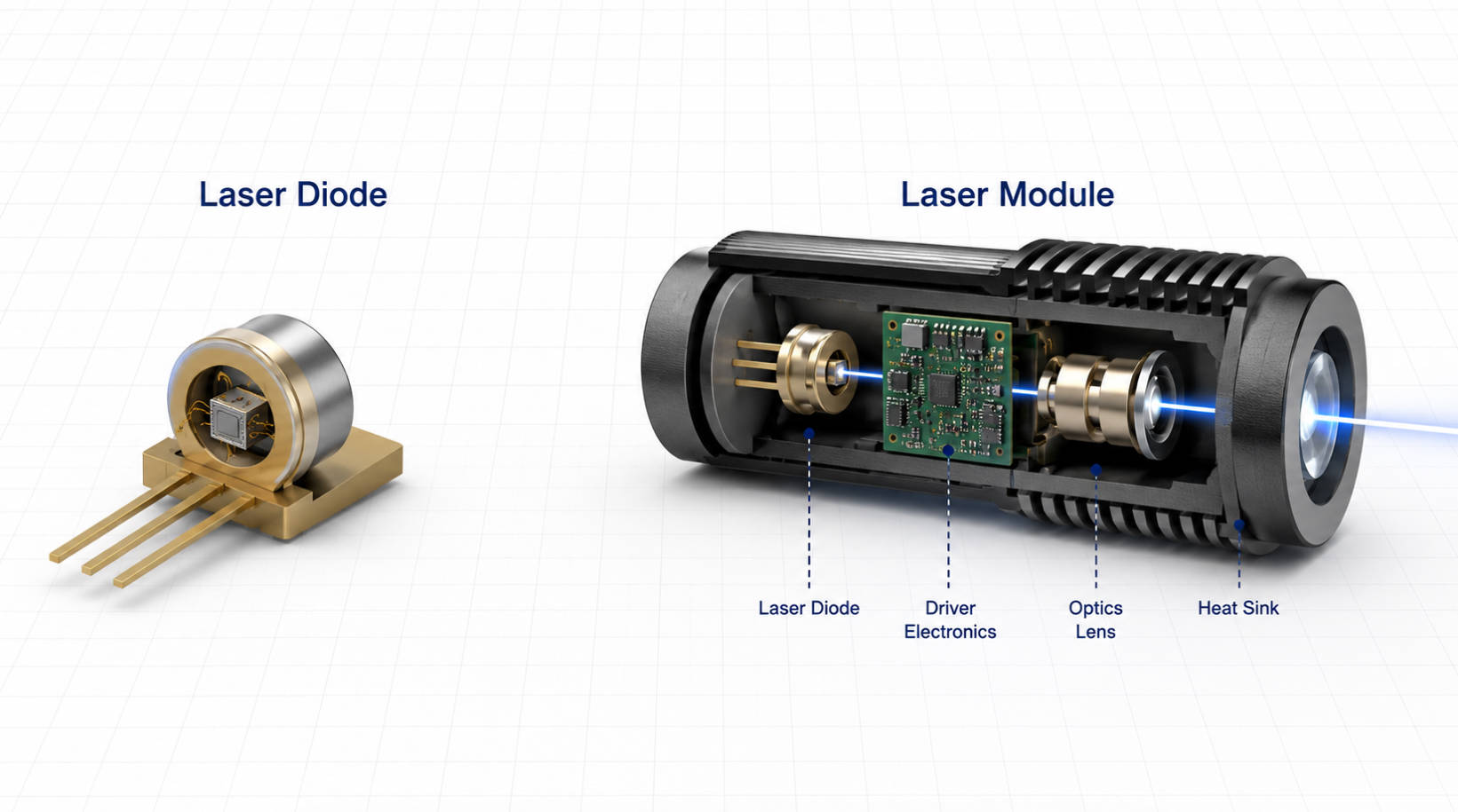 Estrutura do diodo laser versus m&oacute;dulo de laser