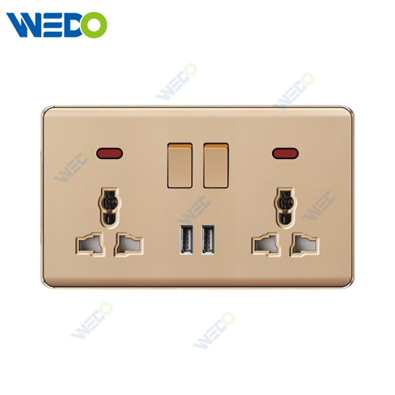 K2-P Series Double13A Switched Socket with LED Light Ring+2USB 250V Light Electric Wall Switch Socket 86*86cm PC Material with Chrome Frame Home Switches Twist Pattern