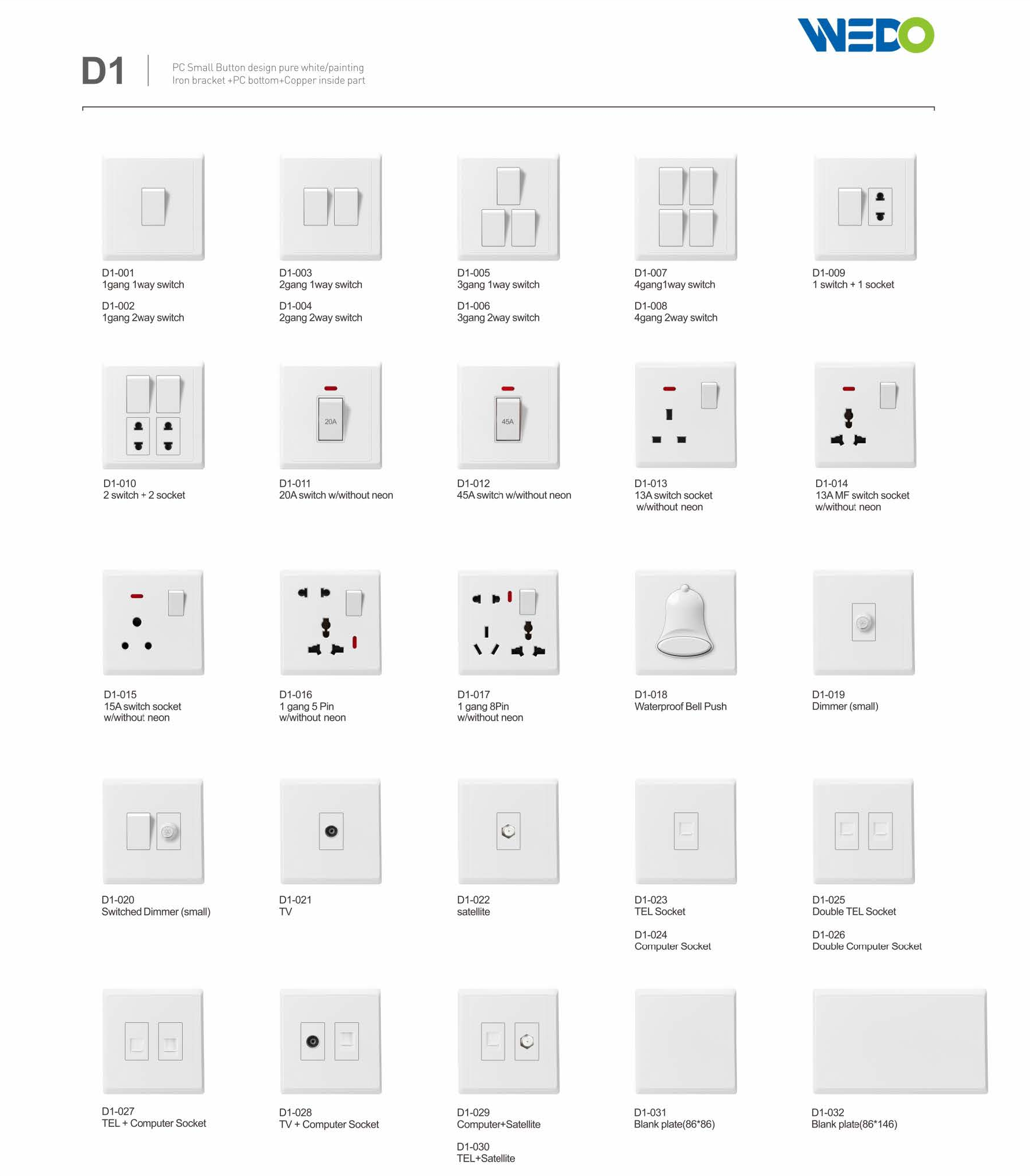 Small Button 1&2&3&4 Gang Exclusive Design Generous Appearance D1 Series Switch Socket 