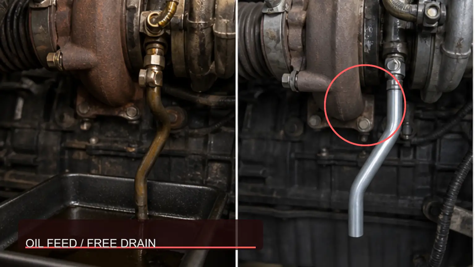 Percorso di scarico dell'olio del turbocompressore limitato e gratuito rispetto a un motore installato