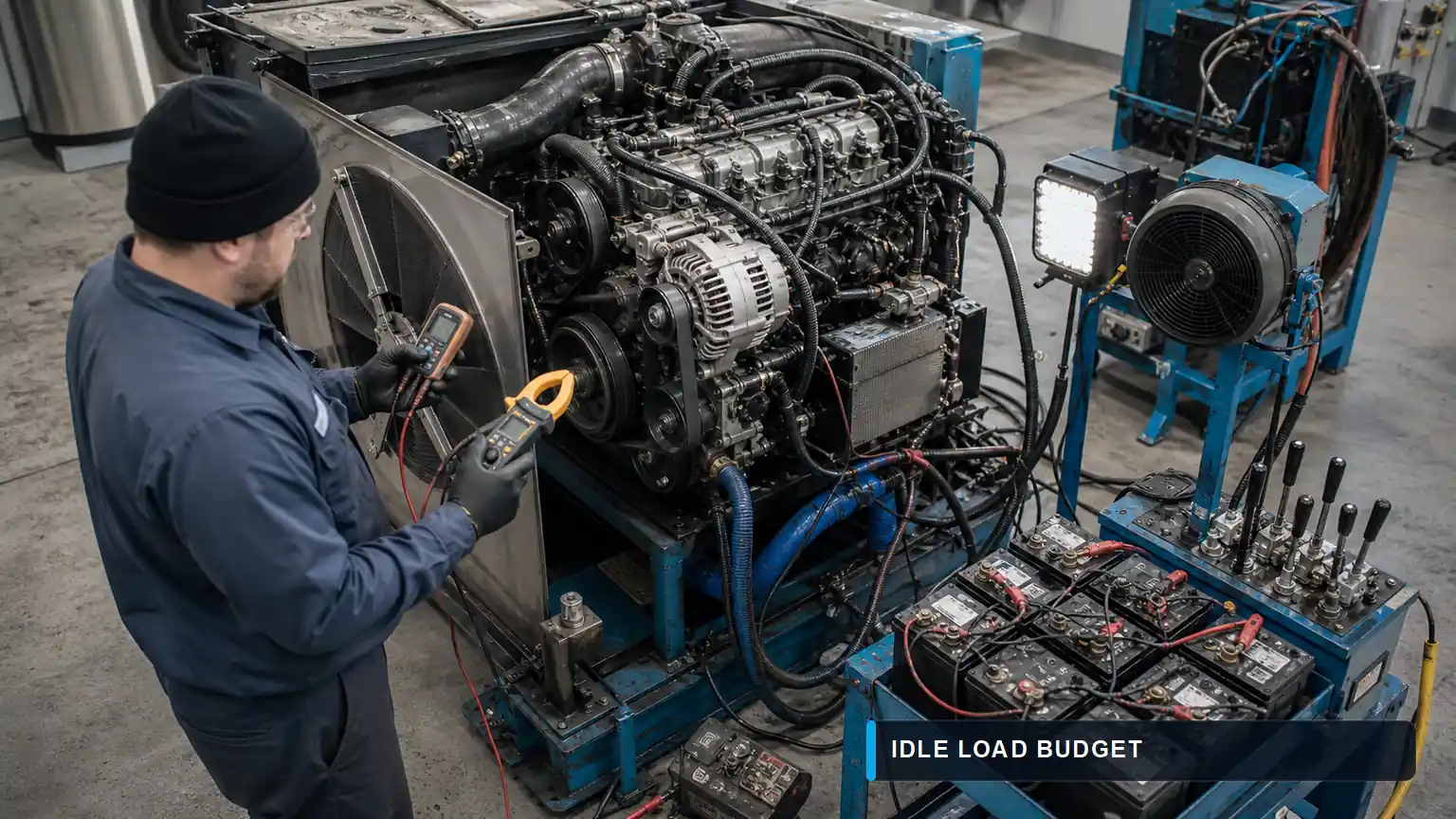 Stand de testare pentru motor diesel cu alternator, banc de baterii și sarcini electrice auxiliare &icirc;n timpul măsurării sarcinii-buget la ralanti scăzut