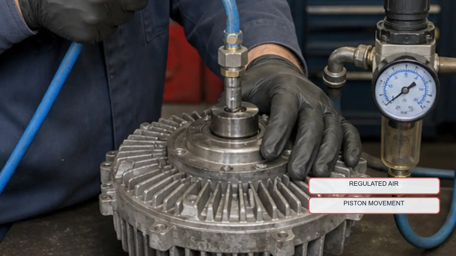 Verwijderde pneumatische ventilatoraandrijving voor zware vrachtwagens, aangesloten op gereguleerde werkplaatslucht voor een gecontroleerde beweging en controle op lekkage.