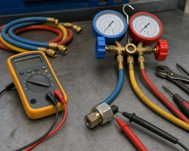 Configurarea manometrului colectorului și a multimetrului pentru verificarea unui presostat A/C &icirc;nainte de &icirc;nlocuire