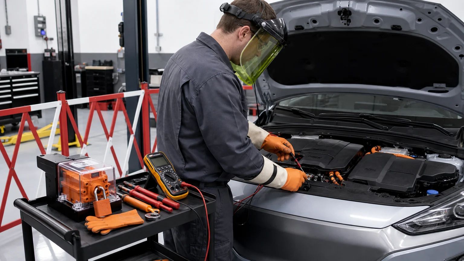 Wykwalifikowany technik pojazd&oacute;w elektrycznych korzystający ze środk&oacute;w ochrony indywidualnej wysokiego napięcia, blokady odłączenia serwisowego, bariery zabezpieczającej i miernika znamionowego w celu sprawdzenia pojazdu pozbawionego zasilania
