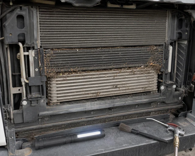 Blocage du flux d'air de la chemin&eacute;e de refroidissement avec des d&eacute;bris devant les noyaux du radiateur et du refroidisseur d'huile