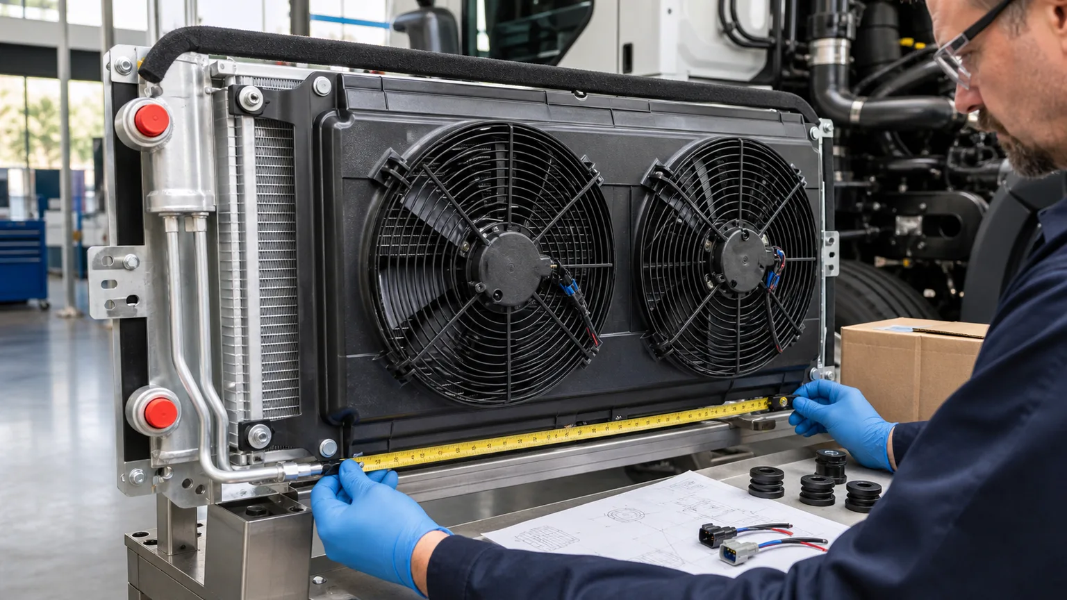 Technicus inspecteert een heavy-duty AC-condensormodule met afgedichte behuizing, axiale ventilatoren, schoorsteenruimten, afgedekte koelmiddelpoorten en maattekening