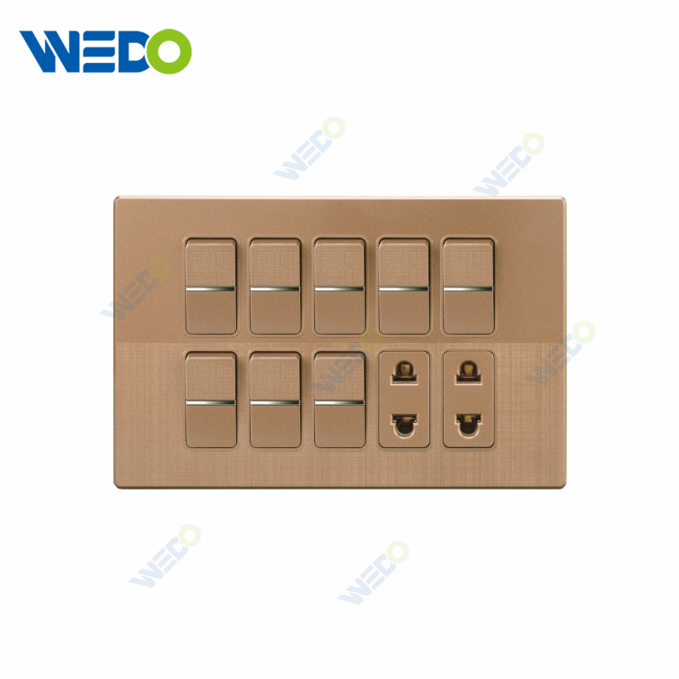 250V 16A 94*147mm PC High Quality Brass Universal 10 Gangs 8 Switch Switched Wall Switches Socked for Pakistan Market 