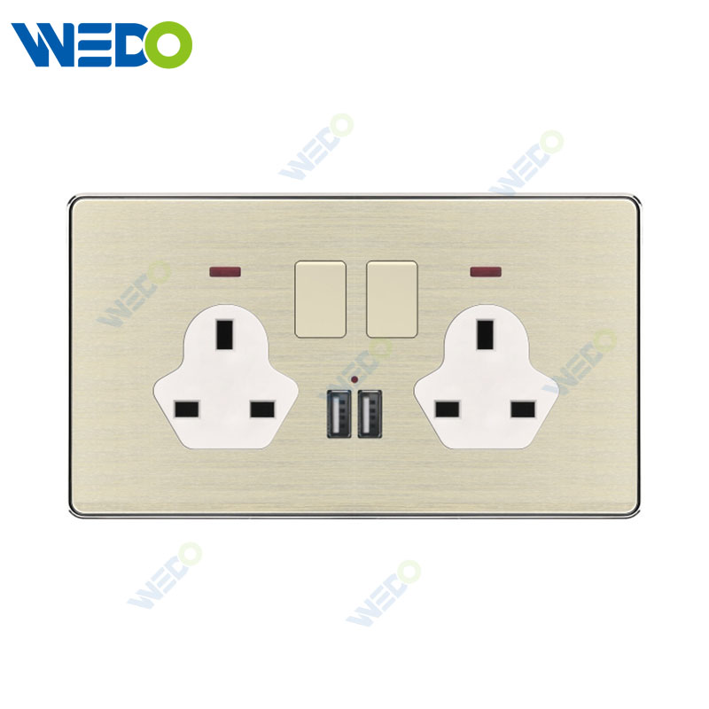 C90 Wenzhou Factory New Design Acrylic Home Lighting Electrical Wall Switches PC Material Cover with IEC Report SASO 2*13A Switched Socket with Neon+2USB