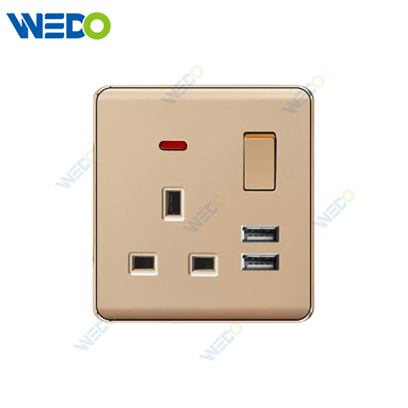 K2-P Series 13A Switched Socket with LED Light Ring+2USB 250V Light Electric Wall Switch Socket 86*86cm PC Material with Chrome Frame Home Switches Twist Pattern