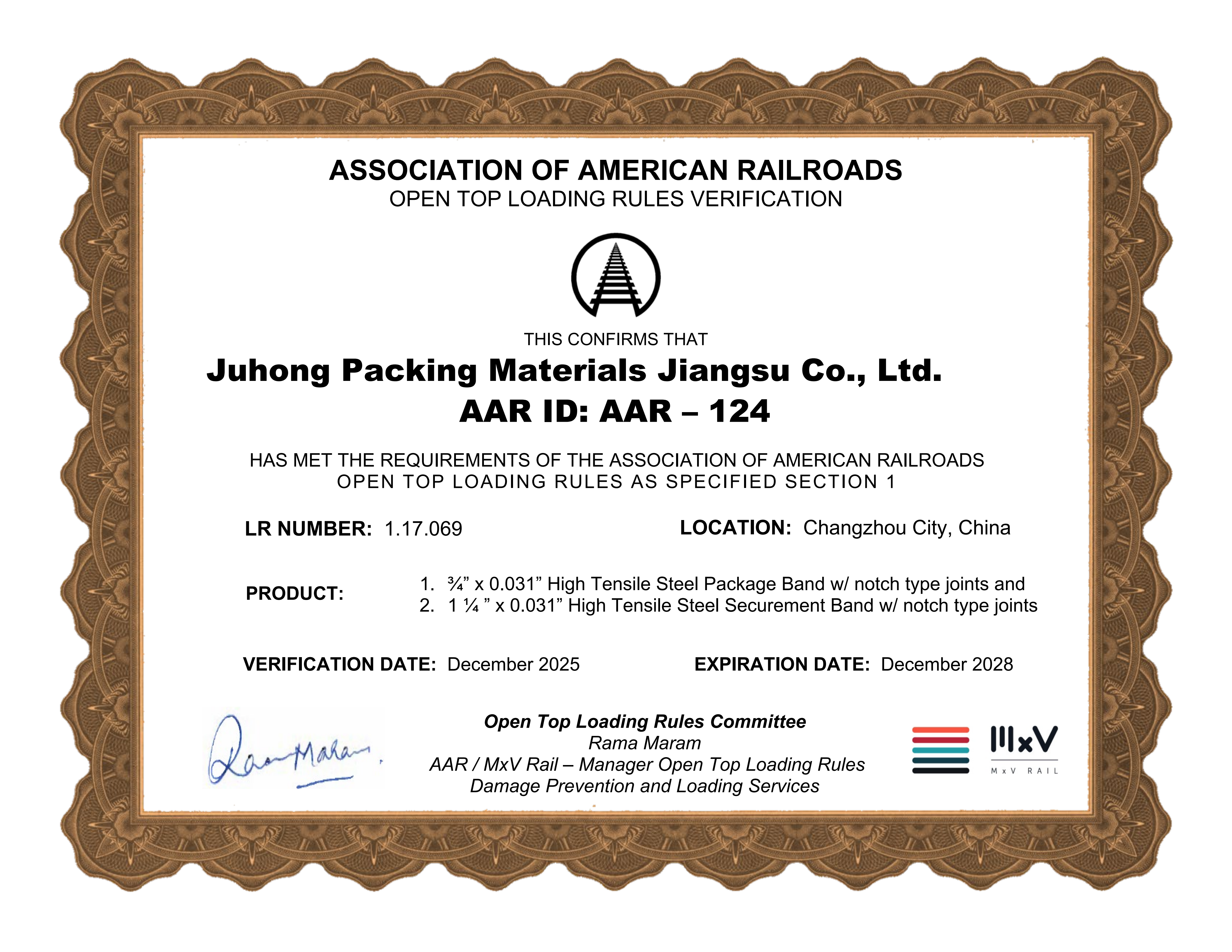 Certificado oficial de aprobaci&oacute;n AAR emitido a Juhong Packing Materials, que verifica que su acero de alta resistencia Fleje cumple con los est&aacute;ndares para carga sobre rieles abiertos en Am&eacute;rica del Norte.