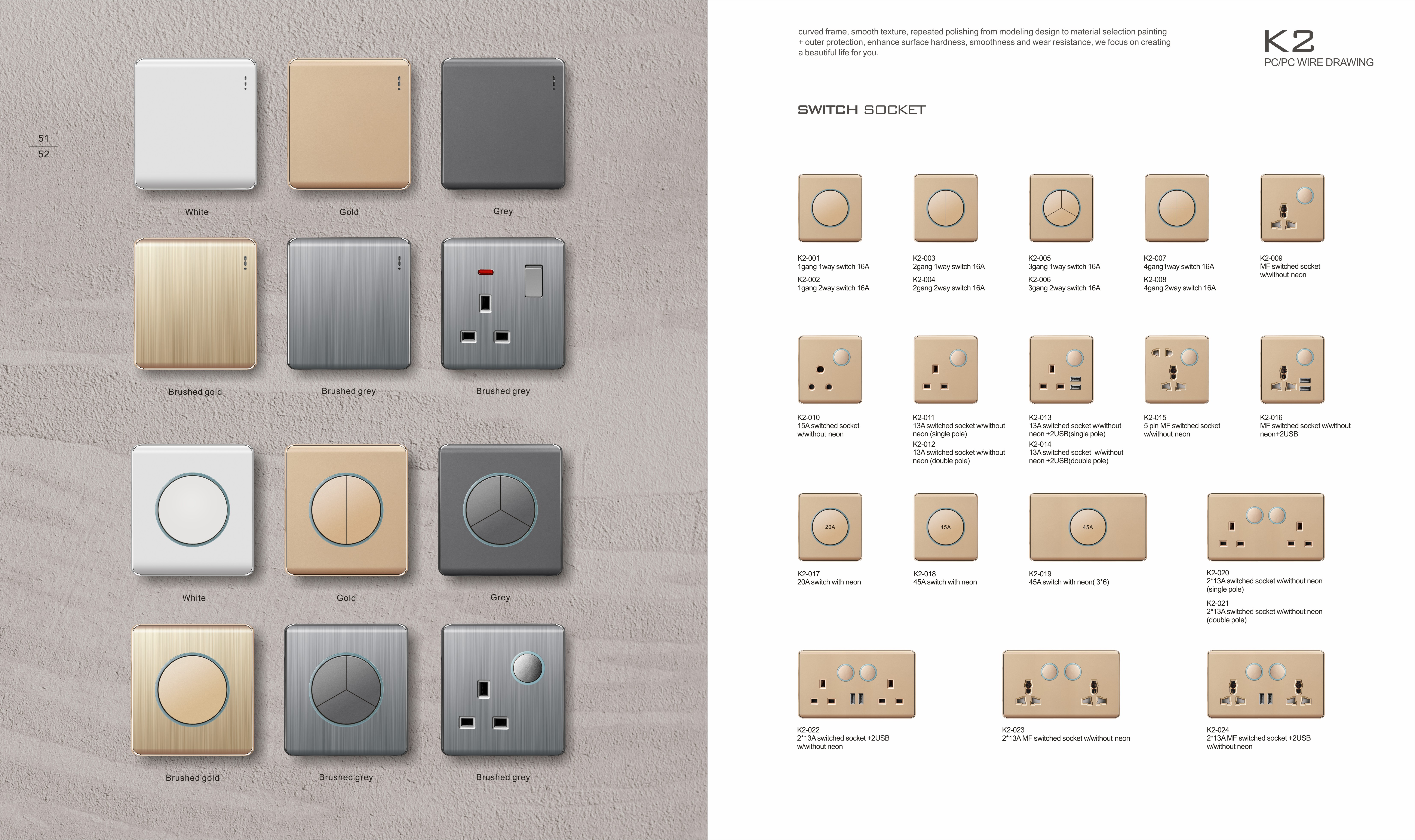 K2-P Series 45A Switch with LED Light Ring 250V Light Electric Wall Switch Socket 146 PC Material with Chrome Frame Home Switches Twist Pattern