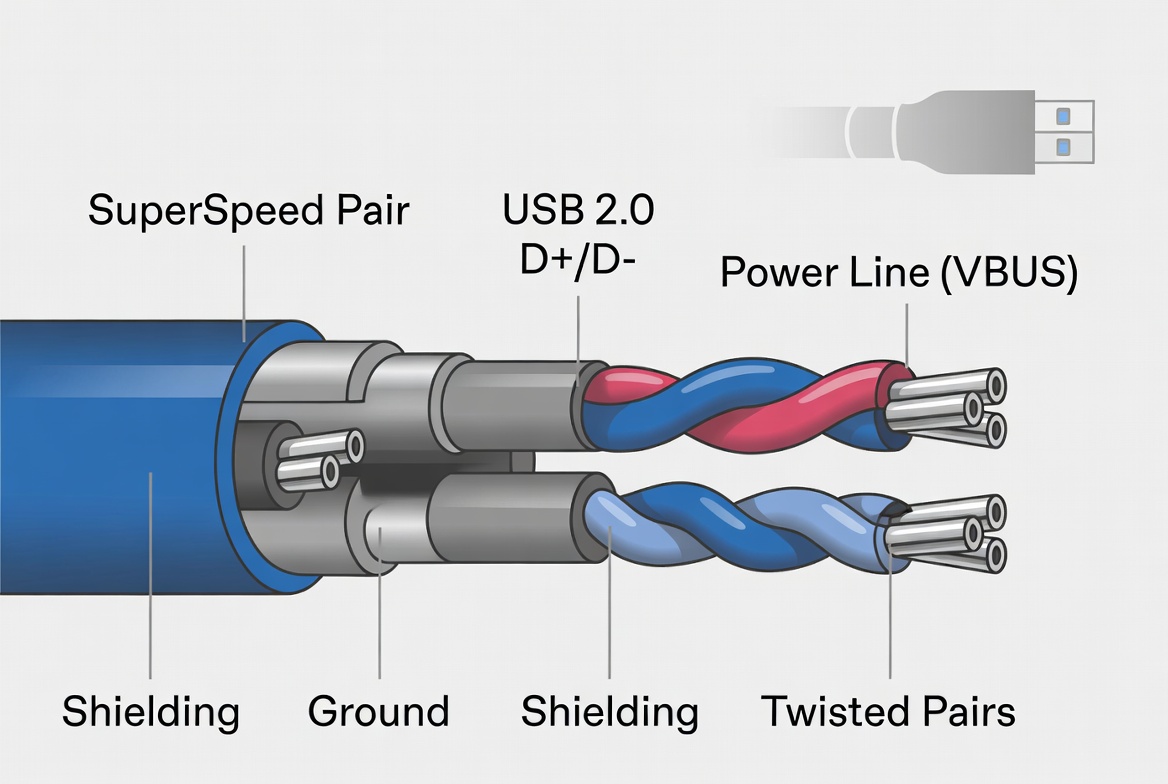 &Agrave; l'int&eacute;rieur d'un c&acirc;ble USB 3.0 haute vitesse