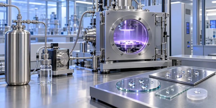 Hexamethyldisiloxan HMDSO uzavřen&yacute; přenos, plazmov&aacute; potahovac&iacute; komora a vzorky hydrofobn&iacute;ho povrchu