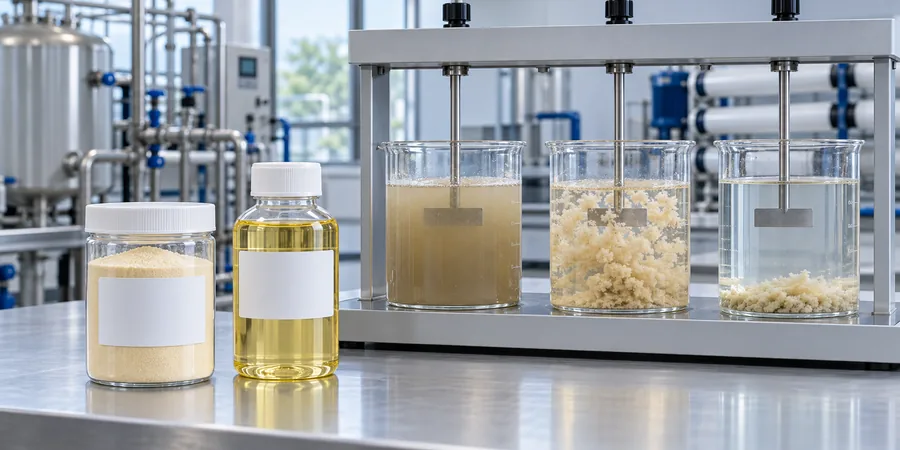 Polyaluminiumchloride PAC-poeder- en vloeistofmonsters met coagulatiepottesten en geklaard water